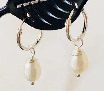 925 Sterling Silver White Freshwater Pearl  Sleeper Huggies Hoop Earrings Small - image 1 of 3