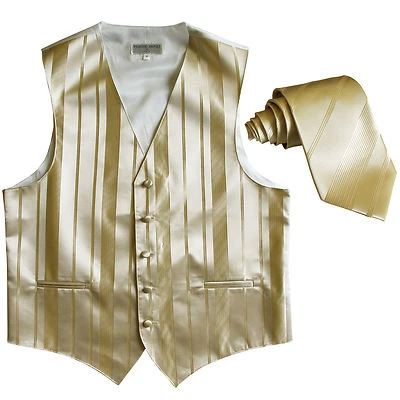 New formal men's tuxedo vest waistcoat & necktie vertical stripes beige wedding - Image 1 of 4