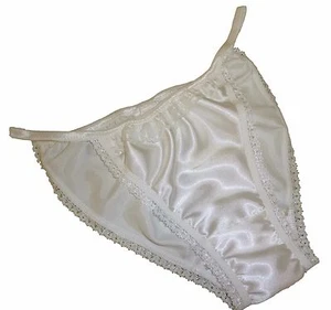 IVORY shiny SATIN panties MINI TANGA string bikini ivory lace new Made in France - Picture 1 of 1
