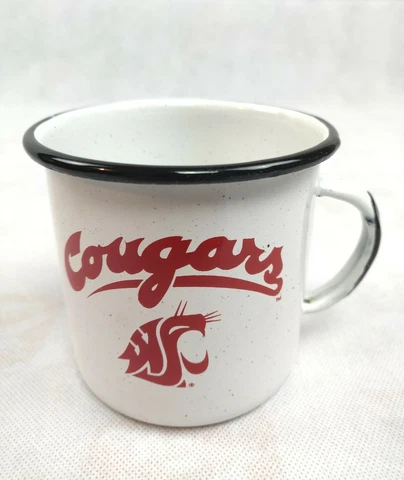 Vintage Washington State Cougars Enamel Steel Rim Coffee Tea Cup Mug White WSU Cover