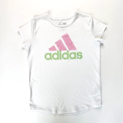 Camiseta Adidas Niñas Gráfica Talla L 14 Blanca Atlética Rosa Verde Logo Manga Corta Foto 1 de 4