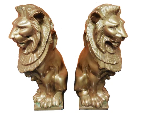 ANTIQUE ART DECO BRONZE SCULPTURE FIGURAL EXCEPTIONAL LION CHENETS ANDIRONS Cover