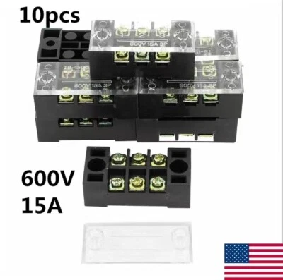 10Pcs Wire Barrier Dual Row 3 Position Screw Terminal Block/Panel Strip 600V 15A - Image 1 of 4