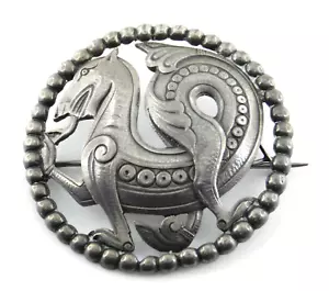 Broche Redondo Vintage Firmado Escandinavo Sujetador Plata Dragón Serpiente - Imagen 1 de 11