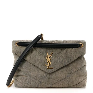 SAINT LAURENT Gray Denim Quilted Medium Loulou Puffer Monogram Chain Satchel - Picture 1 of 24