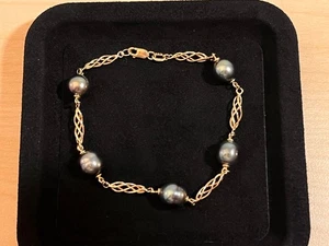 14K Yellow Gold Spiral Link South Sea Pearl Bracelet 8 Inch 9.2 Grams VINTAGE - Picture 1 of 16