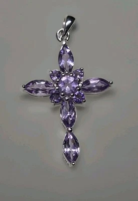 Natural Marquise Cut Amethyst Cross 925 Sterling Silver Pendant Jewelry 1915 - Image 1 of 4