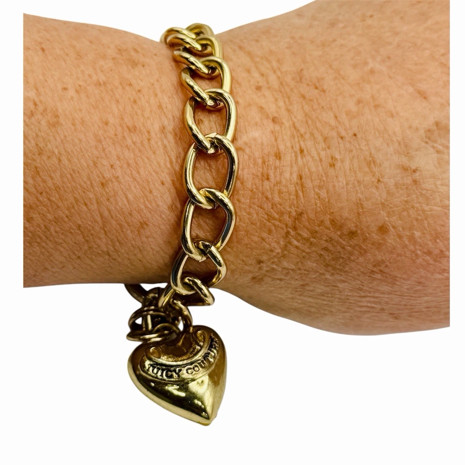 Juicy Couture браслет пухлое сердце переключатель застежка золотистый кубинский ссылка Y2K винтажный - Изображение 1 из 4