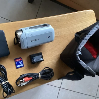 Canon HF R500 Camcorder 57x Zoom White W Battery Charger Card Bag Clean Tested! - Image 1 of 4