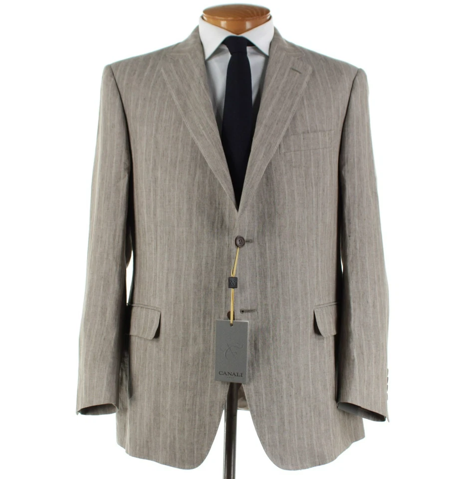 Canali NWT 100% Linen Two Piece Suit Size 56R (46R US) In Brown Striped - Image 1 of 4