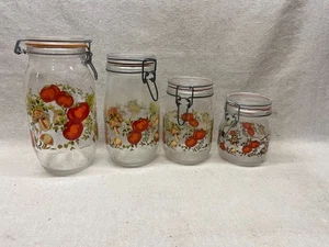 Set of 4 Vintage Arc Spice of Life Glass Canister Jar Mushroom Tomato Garlic - Picture 1 of 7