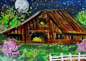 ACEO Original PAINTING Spring TREE Night BARN Sky Stars FARM Landscape ATC ART - Afbeelding 1 van 1