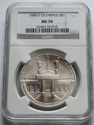 1984-P Olympics Silver Commemorative S$1 coin - NGC MS 70, Los Angeles - Image 1 of 2