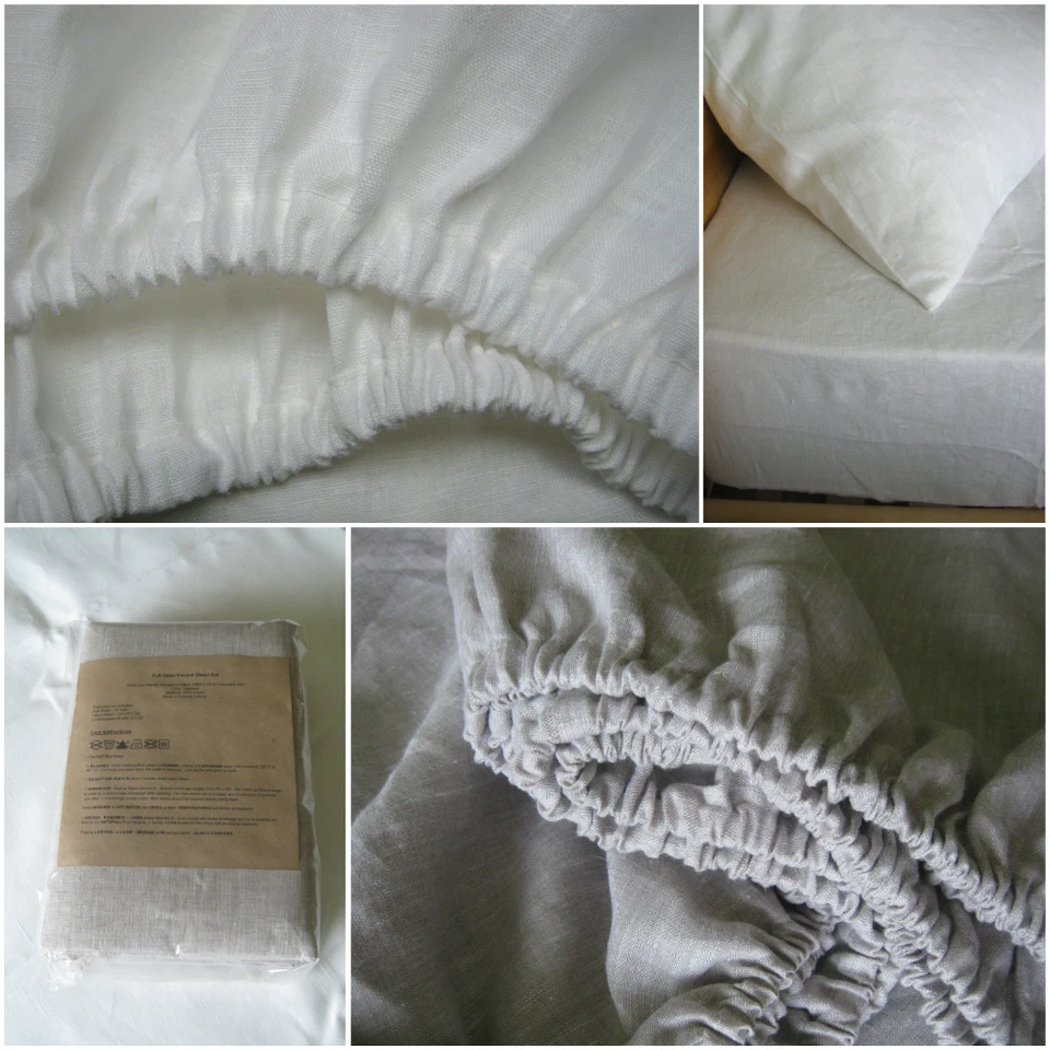 Linen Fitted Sheet UK Australia Sizes White Oatmeal Beige - Image 1 of 4