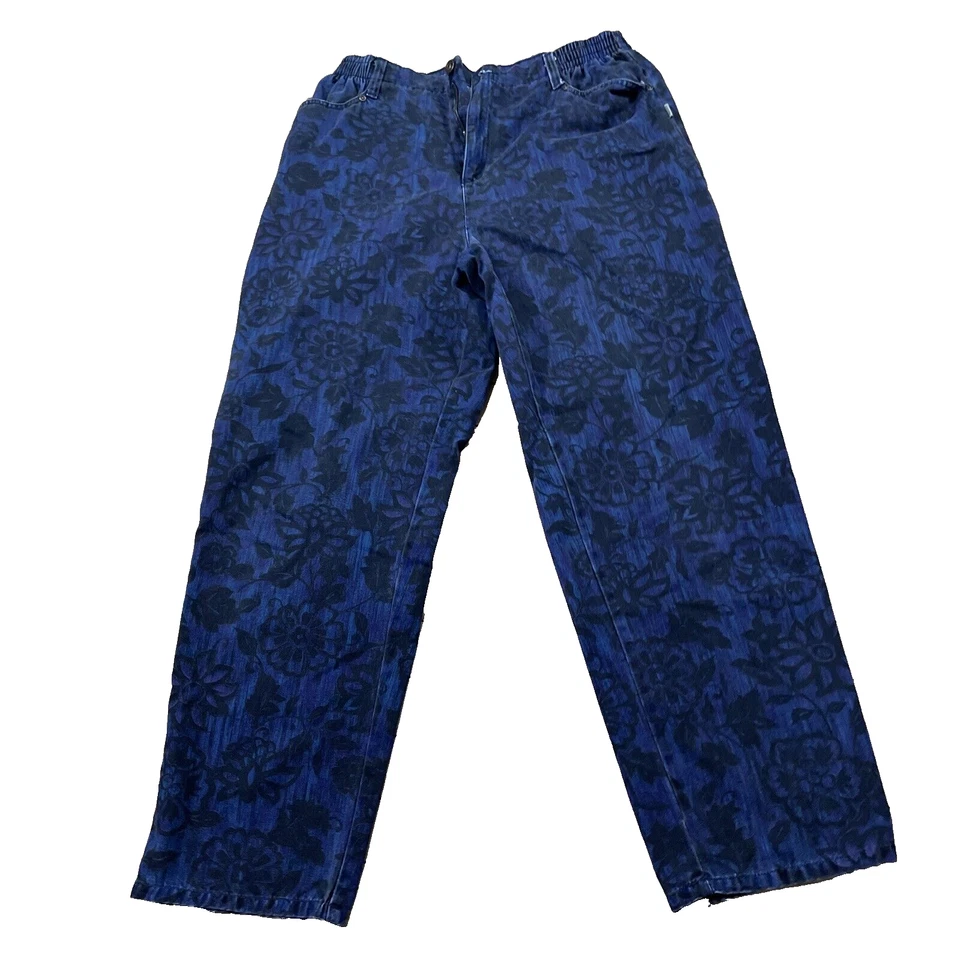 BLASS SPORT Vintage 90s Paisley Pants Women 16 High Waist Stretchy Blue Floral - Image 1 of 4