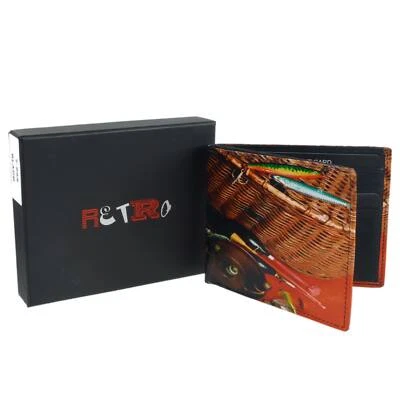 Mens Leather Fishing Bi-Fold Wallet by Retro Gift Box Anglers Fish Rod Hook C... - Image 1 of 3