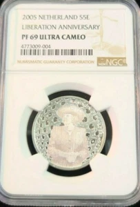 2005 NETHERLANDS SILVER 5 EURO LIBERATION ANNIVERSARY NGC PF 69 ULTRA CAMEO TOP - Picture 1 of 4