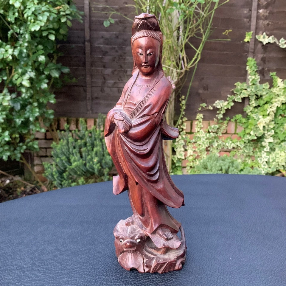 Antique Old Chinese Boxwood Wood Figure Guanyin Bodhisattva Dragon Fish Statue - Image 1 of 4