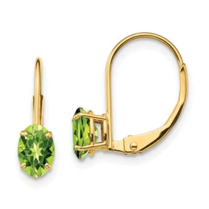 14k Yellow Gold 6x4mm Oval Peridot Leverback Earrings Gift for Mother - Picture 1 of 4