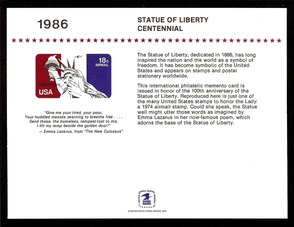 SOUVENIR CARD MINT Statue of Liberty Centennial MINT 1986 - Image 1 of 1