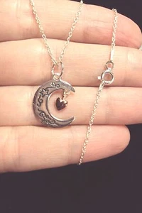 Luna I love you crescent moon + back heart Mom pendant 925 silver 18" necklace - Picture 1 of 6