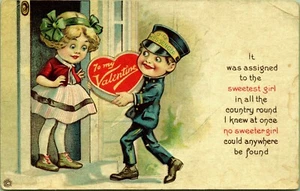 Boy Delivering Candy Box to Girl Love Messenger Valentine embossed Postcard - Picture 1 of 2