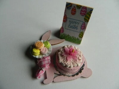 (C29)1/12th scale DOLLS HOUSE HANDMADE EASTER CAKE SET ON WOODEN BUNNY BOARD - Image 1 of 4