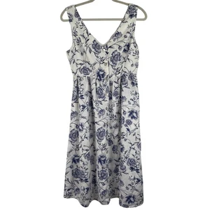 Cynthia Rowley White Blue Floral Print Midi Dress Size 2 100% Linen Cottage Core - Picture 1 of 8