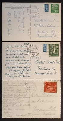 Germany stamps 1955 & 1956 vintage postcards  x 3 to UK & Freiburg Inc blue flea - Image 1 of 2