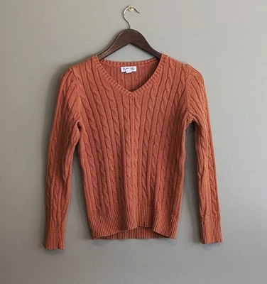 Suéter feminino St John's Bay tamanho PS V gola V malha de cabo laranja pequeno pequeno SJB - Imagem 1 de 4