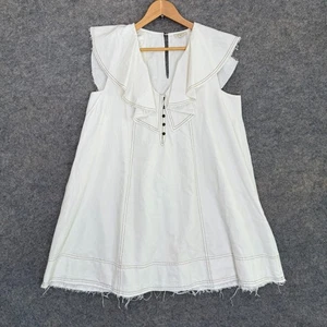 Pilco Anthropologie Ruffle Mini Dress Womens Medium Linen Blend V Neck Frayed - Picture 1 of 17