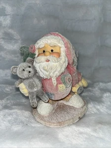 Vintage Fuzzy Santa Clause 4" Figurine in Pajamas & Slippers Holding Teddy Bear - Picture 1 of 8