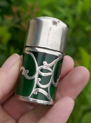Antique Sterling Silver Overlay Green Glass Perfume / Scent Bottle - Image 1 of 4