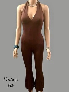 Scanlan Theodore Jumpsuit Vintage 90s Crepe Knit Halter Neck Flared Brown Size S - Picture 1 of 9