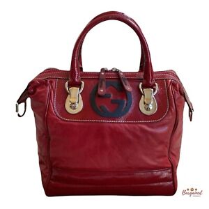 Authentic GUCCI Red Leather With Patent Trim Snow Glam Small Boston Bag 181527