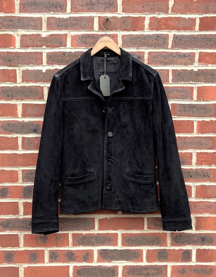 All Saints Mens CLIFTON Suede Jacket LARGE Black Leather Bomber Biker AllSaints - Image 1 of 4