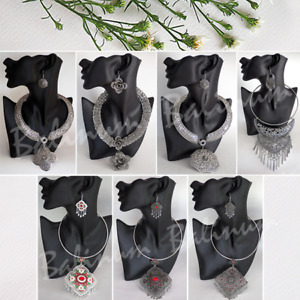 Thailändische Halskette Ohrring Silber Set Traditionelle Kunst Boho Vintage Schmuck Frauen Geschenk
