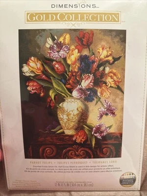 NEW Dimensions Gold Collection 18 COUNT Cross Stitch Kit Parrot Tulips 70-35305 - Image 1 of 4