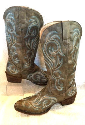 Botas Roper Riley Scroll Talla 7.5 Mujer Marrón Media Pantorrilla Western 1566 Foto 1 de 4