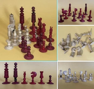 Antikes weiß & rot Gerstenkorn Schachfiguren Schachspiel unvollständig Ersatzfiguren - Bild 1 von 12