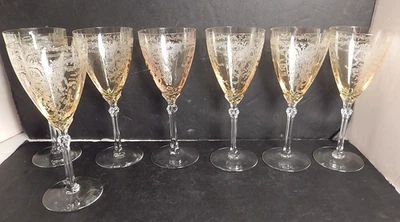 Vintage FOSTORIA June Topaz Hand-etched Water Goblet Stem Set of 7 - Image 1 of 3