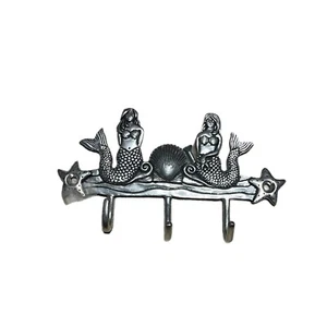 Nautical Pewter Mermaid Triple Key Hook Wall Rack - Picture 1 of 2