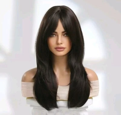 Peluca - Mezcla de cabello humano - Resistente al calor marrón oscuro ondulado capas rizadas flequillo Foto 1 de 4