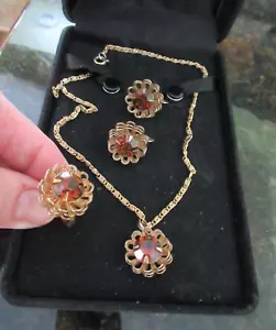 Vintage Sarah Coventry facettierter Bernstein Clip-On Ohrringe Anhänger verstellbar Ring Set - Bild 1 von 7