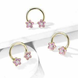 14G 1/2" Pink Enamel CZ Flower Yellow Gold Plated Horseshoe Nipple Ring Septum - Picture 1 of 4