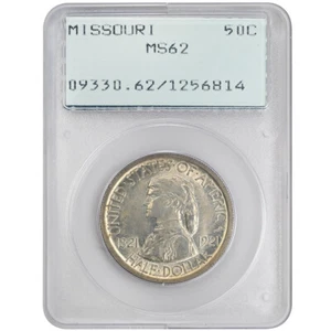 Moneta rara commemorativa argento 50C Missouri 1921, PCGS MS62 - Foto 1 di 2