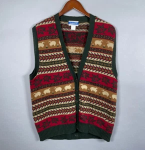 Pendleton Wool Button Up Sweater Vest Women's Large Red Lamb Geometric Pattern - Picture 1 of 11