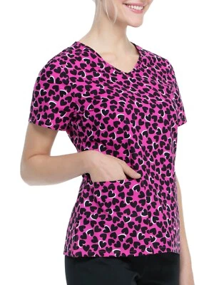Women's Hearts Scrub Top S M Black & Pink V Neck Valentines - Image 1 of 4