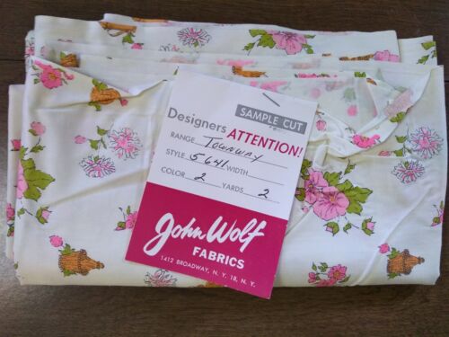 JOHN WOLF 71x45" vintage cotton pink floral fabric NOS Townway #5641 1950s 1960s
