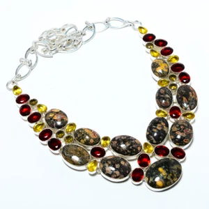 Collana in argento sterling 925 con pelle di leopardo diaspro - tonopah e granato 17,99" T99 - Foto 1 di 1